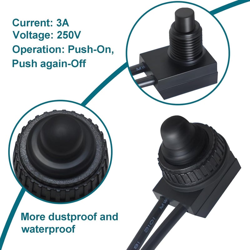 Gephynm 2PCS Waterproof Switch 12v, ON/Off SPST Waterproof Push Button Switch with 4.6 inch Lines for Auto, Motorcycle, RV, ATV and Boat (Black) KP-107 - Image 4